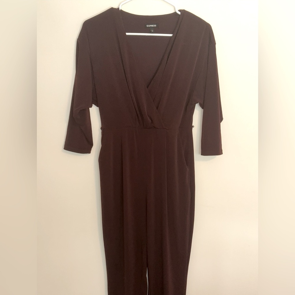 Brown, cross over, jumpsuit + belt